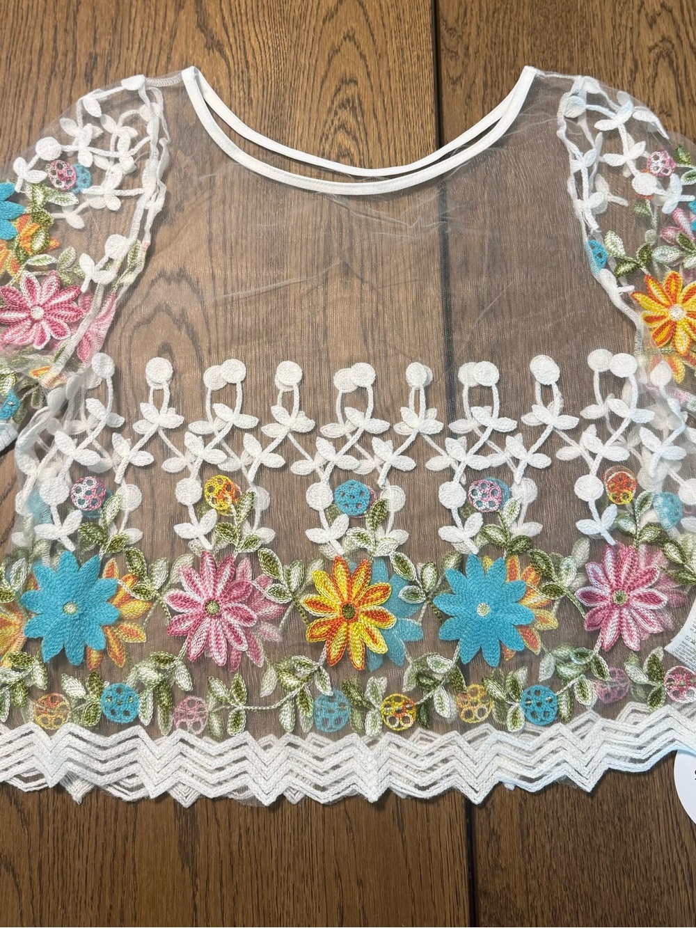 SHEIN White Sheer Embroidered Floral Crop Top with Multicolor Flowers
